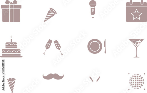 Fun set of graphic elements for events featuring calendar, dinner plate, martini glass, festive confetti, and a decorative mustache in a warm, subdued tone.