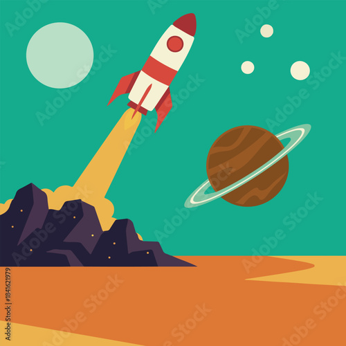 Retro Flat Design Rocket Launch in Outer Space Landscape