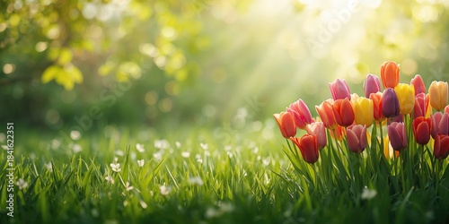Fototapeta Naklejka Na Ścianę i Meble -  Vivid tulips in a green meadow illuminated by sunlight, suitable for nature scene layouts