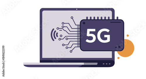 Laptop screen showing a 5G chip connected to a wireless signal icon
