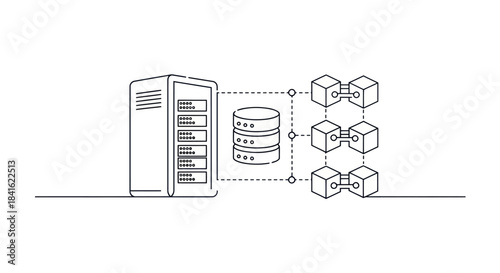 Line art diagram showing a server database and linked blocks representing a blockchain