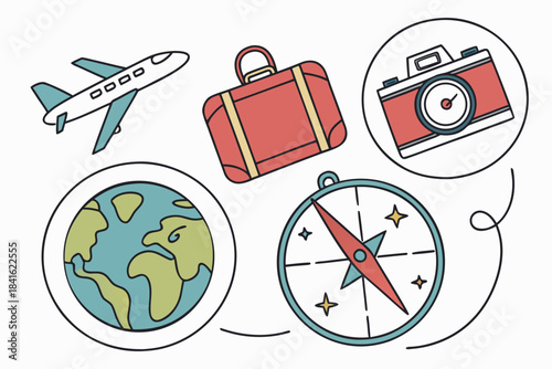 Travel Essentials: An artful compilation of essential travel elements, including a compass, suitcase, plane, camera, and globe, forming a perfect symbol for adventure and exploration. 