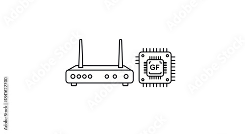 Line art of a wireless router next to an integrated circuit chip labeled GF