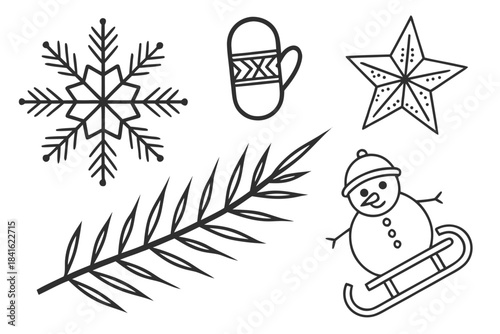 Winter Sketches: A collection of charming winter themed drawings, including snowflake, handwarmer, star, branch and snowman, evokes a sense of wintery beauty and festive cheer. 