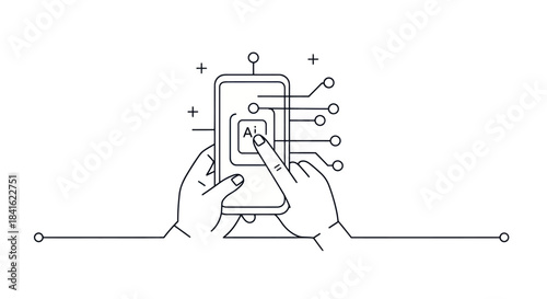 Line art of hands touching a smartphone displaying Ai with circuit lines