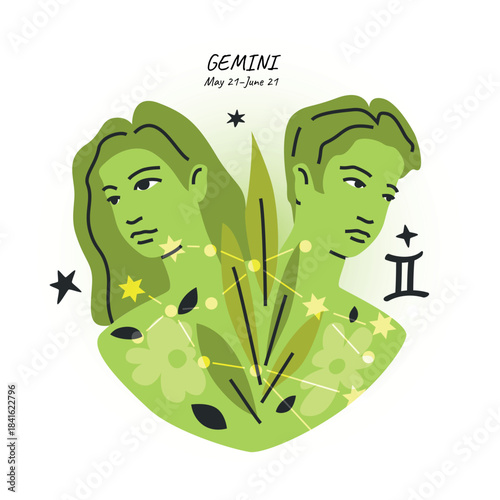 GEMINI horoscope character. Celestial element or zodiac sign. Bright modern hand drawn vector