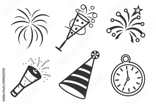 Festive Symbols of Celebration: An array of joyous graphics representing the spirit of a grand celebration, including fireworks, a champagne flute, party horn, party hat, and clock.
