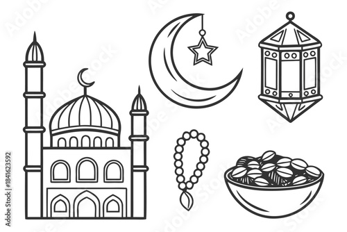 Islamic Icons Set: A collection of meticulously drawn symbols representing key elements of Islam, including a mosque, crescent moon with star, lantern, prayer beads, and dates.