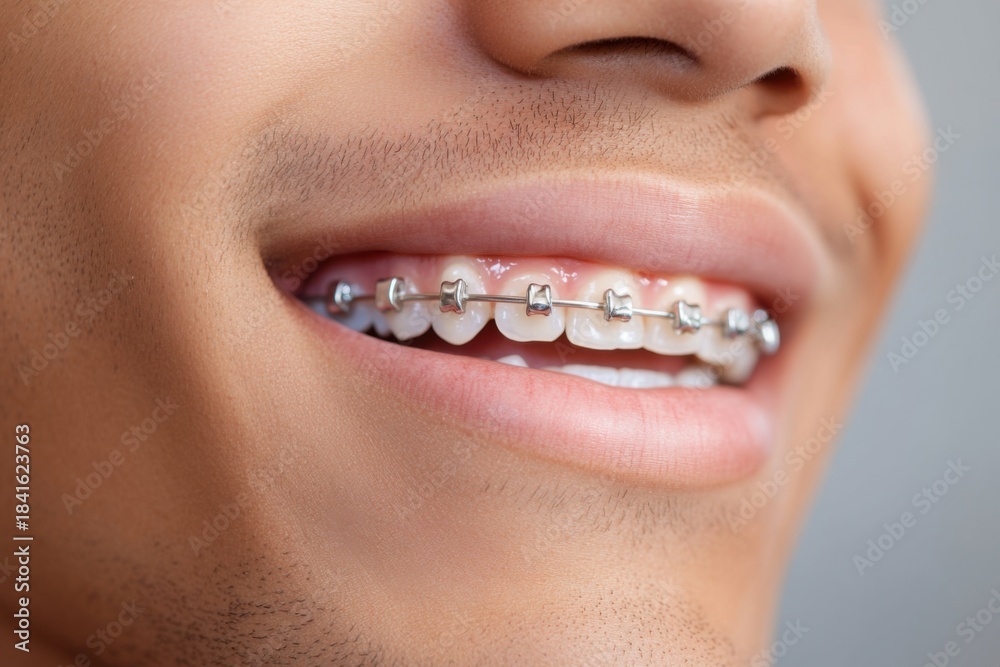 Fototapeta premium Close-up of man's smile with metal braces