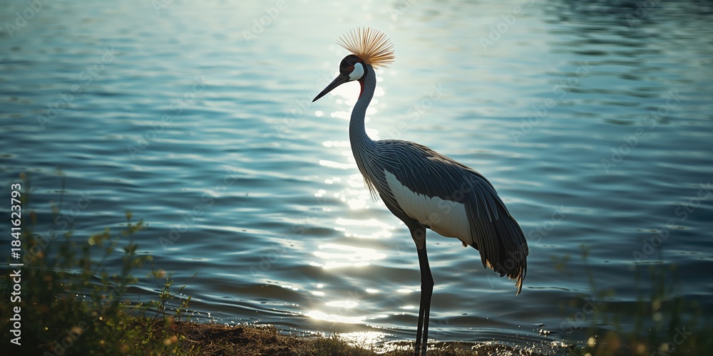 Fototapeta premium Crowned crane in a wetland environment, highlighting natural bird behavior and habitat preservation