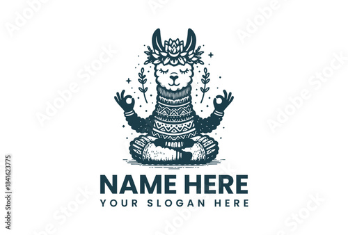 A vector illustration of a meditating llama wearing a crown with hands raised in a yoga pose on a white background with space for a logo and slogan.