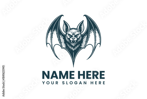 Vector illustration of a bat logo with wings spread wide on a white background with placeholder text for a business name and slogan in a dark green color scheme.