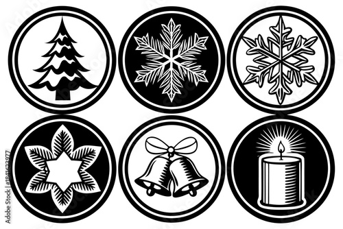 Seasonal Icons: Collection of festive illustrations including a tree, snowflake, star, bells and candle, all enclosed within a circular frame, perfect for holiday-themed designs.