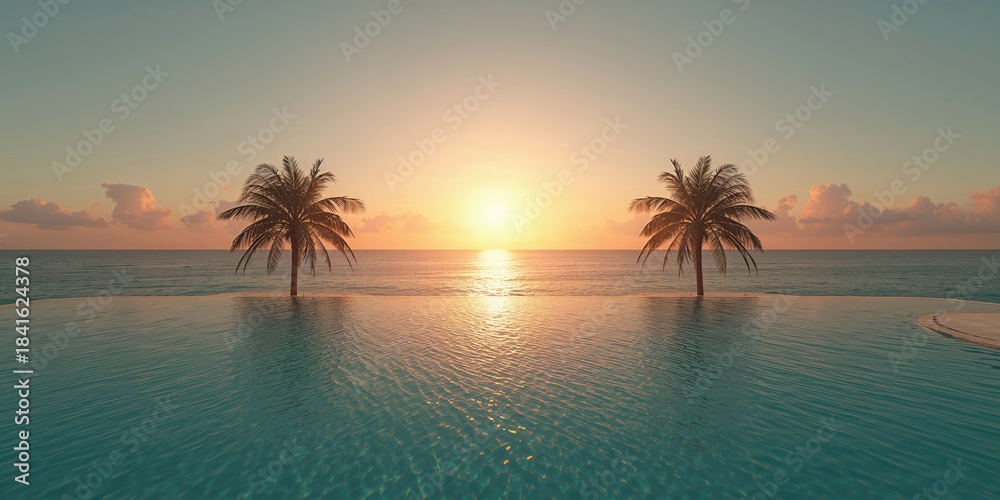 Fototapeta premium Tropical beach resort at sunset, with vibrant sky and relaxing atmosphere for tourism promotion