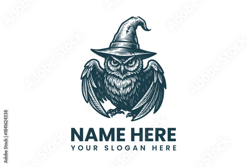 Vector logo illustration of an owl wearing a wizard hat with a placeholder text on a white background.