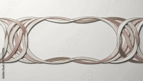 Intricate interlocking metallic rings in shades of silver and rose gold on a light gray background with subtle gradient effect