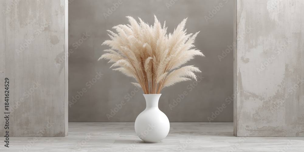 Fototapeta premium Vertical shot of pampas grass in a white vase against a concrete backdrop, emphasizing modern eco decor, boho aesthetic