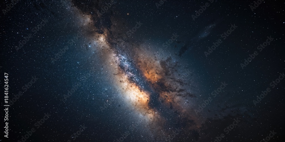 Obraz premium Night sky scene with the Milky Way stars used as a background for text layout, suitable for editorial headers