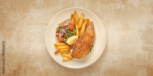 Fried fish served with frie...