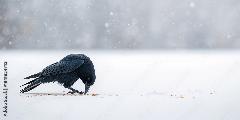 Fototapeta premium Large black crow on snowy ground in winter, natural survival in cold conditions, winter season
