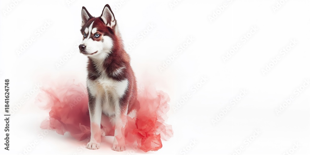 Fototapeta premium One-year-old Siberian Husky standing on a white background, breed features and size for pet identification