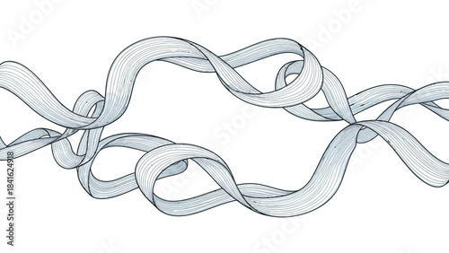 Intricate silver and blue metallic ribbons twisted together in a complex knot on white background with subtle gradient highlights