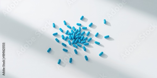 Blue antibiotic pills laid out on a white background for medical use, highlighting pharmaceutical distribution and safety standards