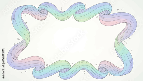 Colorful wavy ribbon border frame with pastel hues and decorative swirls on white background for design and decoration