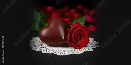Chocolate heart and rose on...