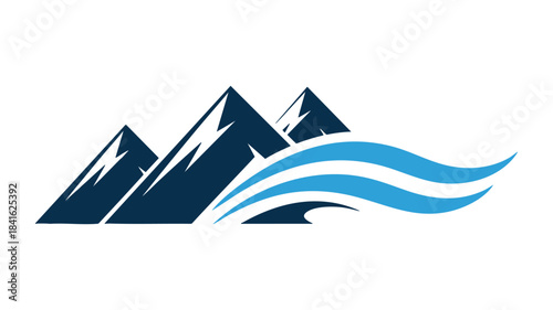 Abstract logo design featuring dark blue mountains and light blue water waves