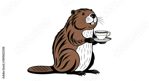 A whimsical illustration showcasing a beaver elegantly serving tea with a delightful expression of