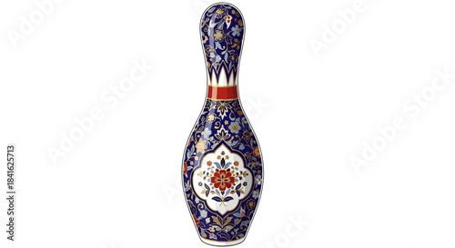 Artistic bowling pin: Floral ornate design on bowling pin featuring a colorful pattern