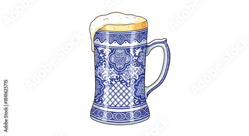 Artistic depiction of foamy beer in a traditional patterned beer stein for celebration