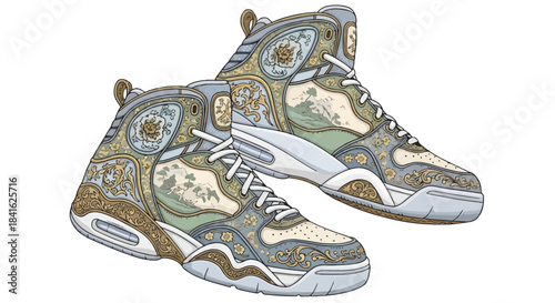 Artistic footwear with baroque details and scenic landscape illustrations in elegant design