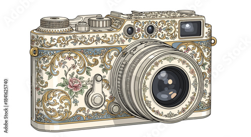 Artistic rendition of an ornate vintage camera with floral detailing and a classic design aesthetic