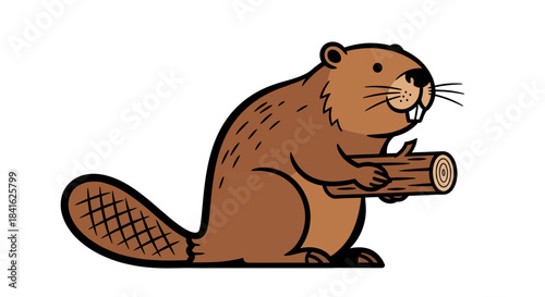 Cartoon illustration of a beaver holding a wooden log with white background design