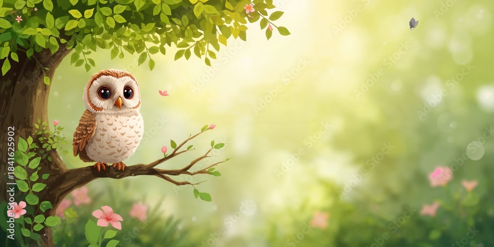 Fototapeta premium Small owl perched on tree branch, nocturnal activity for wildlife observation