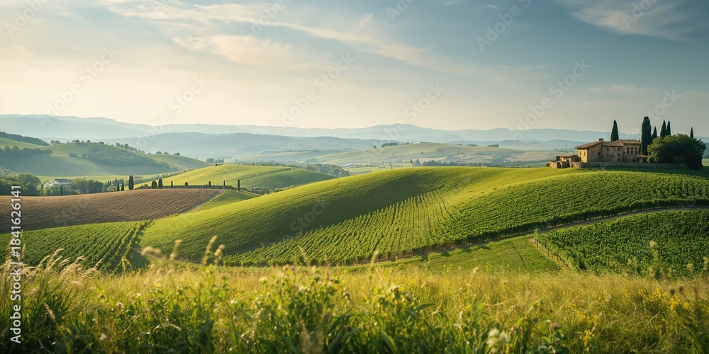 Fototapeta premium Landscape of Tuscany with rolling hills, meadows, and vineyards serving as a scenic agricultural backdrop, rural landscape of Italy