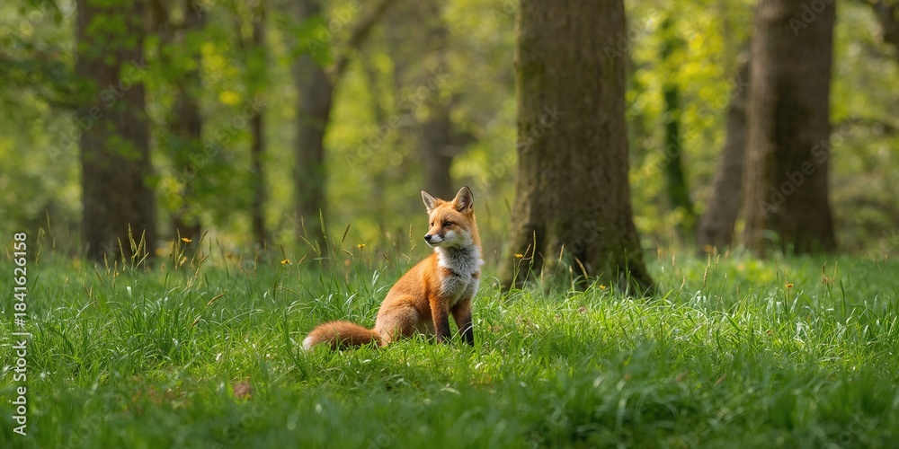 Fototapeta premium Fox resting on grassy terrain in a forest setting, wildlife habitat awareness