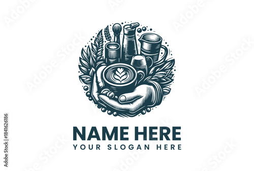 A hand holds a plate with a leaf design surrounded by grains, bottles, and leaves in a circular logo vector illustration with a placeholder for a name and slogan.