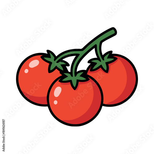 A cartoon illustration of three tomatoes on a vine, with a glossy appearance and vibrant red color