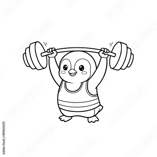 Cute Penguin Weightlifting Line Art. Kawaii Cartoon Black and White Vector Icon for Coloring Book, Fitness Mascot, Gym, Strength Training, or Simple Workout Design. Generative AI