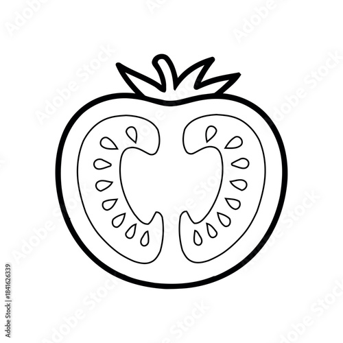 A close-up of a sliced tomato showing its interior with seeds in red and yellow tones.