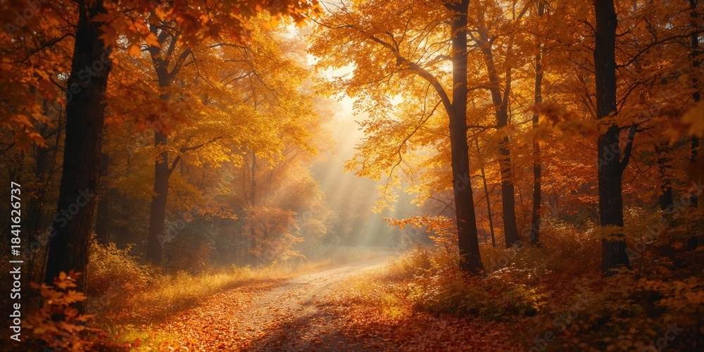 Naklejka premium Pathway through vibrant autumn forest with foliage, natural setting, Earth Day