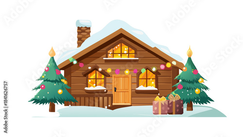 A wooden winter cabin with a giant Christmas tree growing out of its roof, branches glowing with ornaments, warm welcoming light from the windows