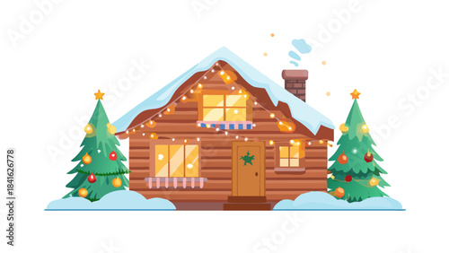 A wooden winter cabin with a giant Christmas tree growing out of its roof, branches glowing with ornaments, warm welcoming light from the windows