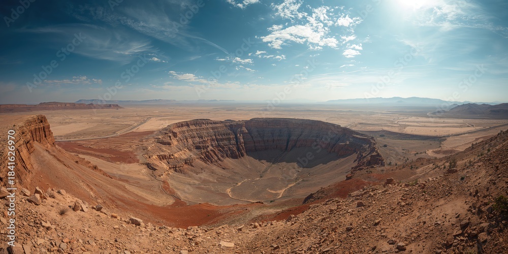 Naklejka premium Meteor crater with a rugged landscape and impact basin, erosion risk, Earth Day