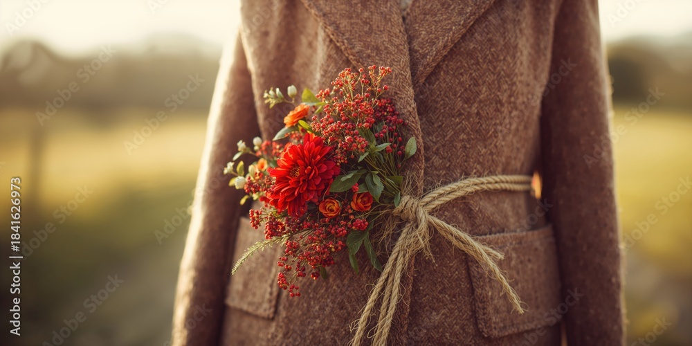 Fototapeta premium Detailed view of a tiny red flower bouquet fastened to an old coat with a rope, focused on decorative fastening methods