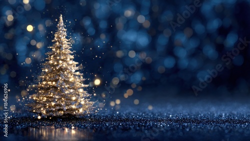 Magical Golden Glitter Christmas Tree on Dark Blue Bokeh Background. Luxury Holiday Greeting Card Template with Sparkling Light Reflections and Deep Copy Space.