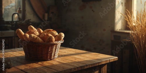 Wooden table with bread and...